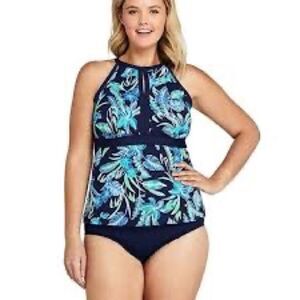 Land’s End Plus Standard high neck keyhole tankini top blue print soft D cup Var